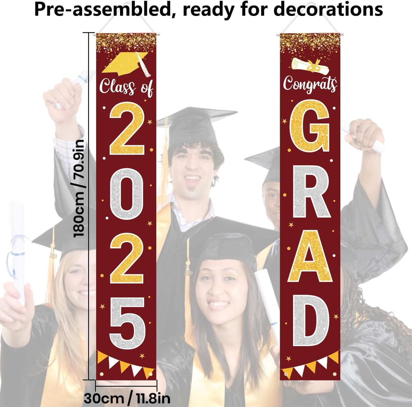 Graduation Decorations 2025 GRAD Banner Maroon Porch Door Sign Welcome Banner For Indoor Outdoor Wall Graduation Decorations Class of 2025