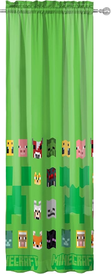 Sunny Side Up Window Curtains for Kids Bedroom 4-Piece Drape Set with 2 Tiebacks, Green - Minecraft, 42" W x 63" L (Pack of 2)