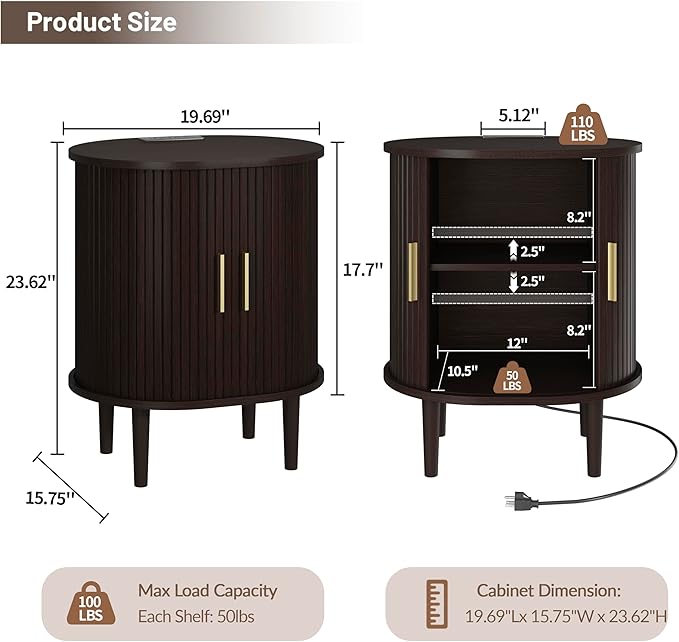 DHH Mid Century Modern Nightstand with Charging Station, Fluted Accent Side Table with Sliding Door & Adjustable Shelf, End Table for Small Space, Living Room, Bedroom,Sofa Couch(1, Dark Walnut)