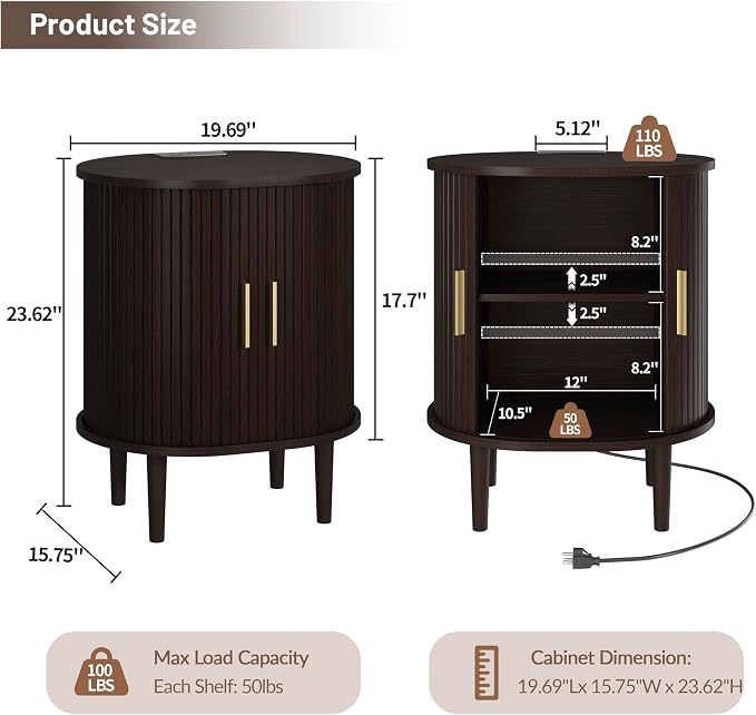 DHH Mid Century Modern Nightstand set of 2 with Charging Station, Fluted Accent Side Table with Sliding Door & Adjustable Shelf, End Table for Small Space, Living Room, Bedroom,Sofa Couch, Dark Walnut