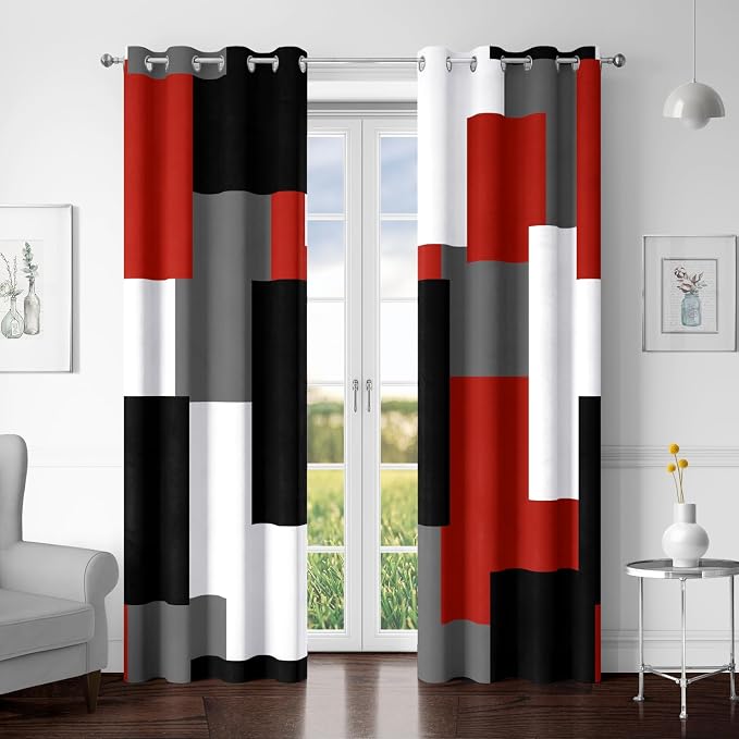 Tyrot Red Black 100% Blackout Curtains for Bedroom 72 inch Length 2 Panels Set White Grey Modern Abstract Geometric Black Out Curtains Insulated Room Darkening Window Drapes for Living Room, 52Wx72L