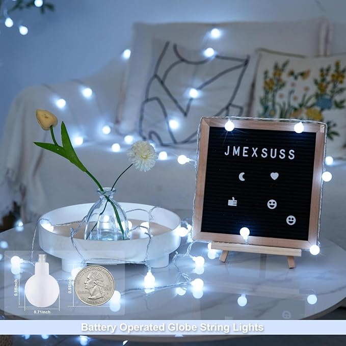 JMEXSUSS 33FT 100 LED Globe White String Lights Battery Operated | Fairy Lights Indoor Outdoor Waterproof Battery Powered String Lights with Remote for Wedding Bedroom Classroom Camping Decor