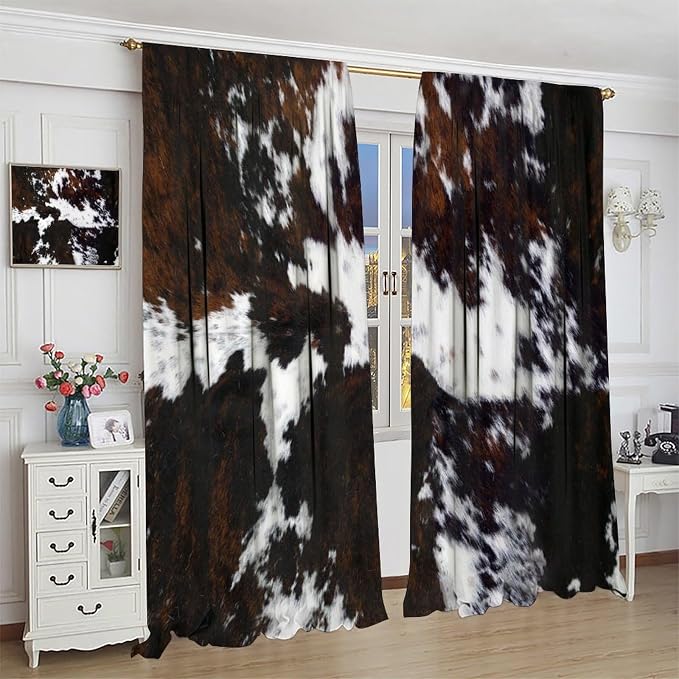 Cow Blackout Curtain,Animal Print Black White Western Aztec Rustic Farm Farmhouse Window Treatments Rod Pocket Curtain for Bedroom Living Room Kitchen Decor Drapes 42x45in