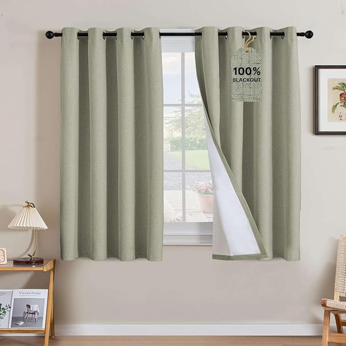 H.VERSAILTEX Linen Curtains 100% Blackout Curtains for Bedroom 54 inch Long Full Light Blocking Nature Linen Blended Window Curtains for Living Room Nickel Grommet (2 Panels, Heathered Tea)