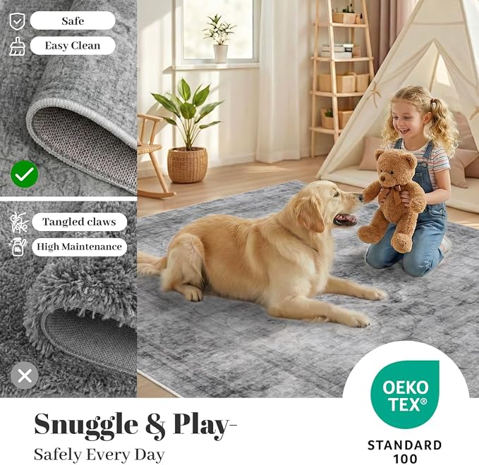 Homemate Washable Rug 10x14 Area Rugs - Vintage Faux Wool Rugs for Living Room Bedroom Dining Room - Non Slip Foldable Carpet Indoor Area Rug for Home Decor（10'x14', Black