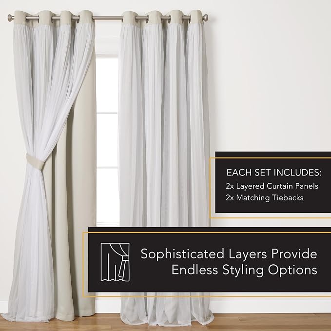 TOWN & COUNTRY LUXE Talia Double Layer Indoor Curtains, Sheer and Room Darkening Blackout, Grommet Top, Energy Efficient, 2-Pack Set, 52"x120", Cloud Grey