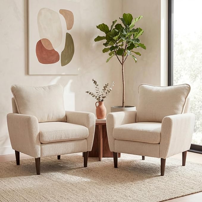 OLIXIS Comfy Accent Chair for Living Room Bedroom and Waiting Room, Upholstered Mid-Century Reading Chair with Pillow and Solid Wood Legs, Wide Singe Modern Lounge Sofa Beige, 2 Pack