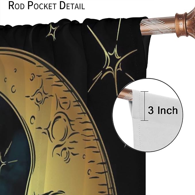 Sun Moon Blackout Windows Curtains, Boho Chic Art Golden Sun Moon and Stars Over Blue Black Sky Antique Style Curtains, for Living Room Bedroom 55x63in 2 Panels