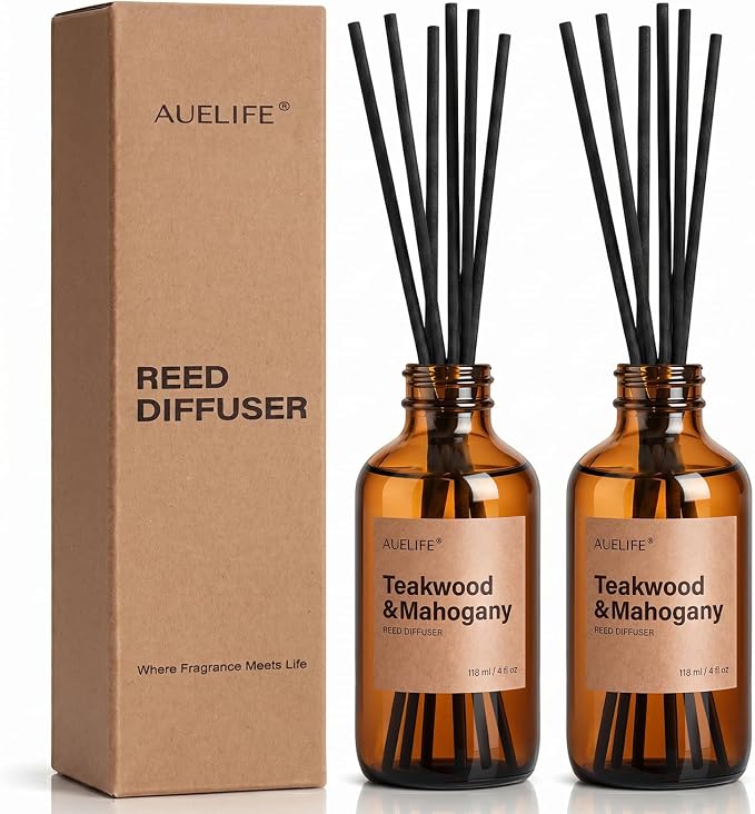 Auelife Reed Diffuser Set, Teakwood & Mahogany 2 Pack 8 Fl Oz Scented Diffuser with Fiber Sticks, Home Fragrance Reed Diffuser for Bathroom Decor, Bedroom, Office & Housewarming Gift