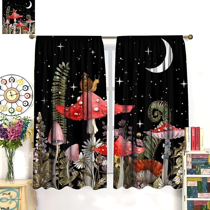 Retro Mushroom Curtains, Rustic Gothicwatercolor Red Pink Mushroom Boho Nature Ferns Botanical Wild Flowers Blackout Window Curtains for Farm Kitchen Bedroom, 84" W X 84" L
