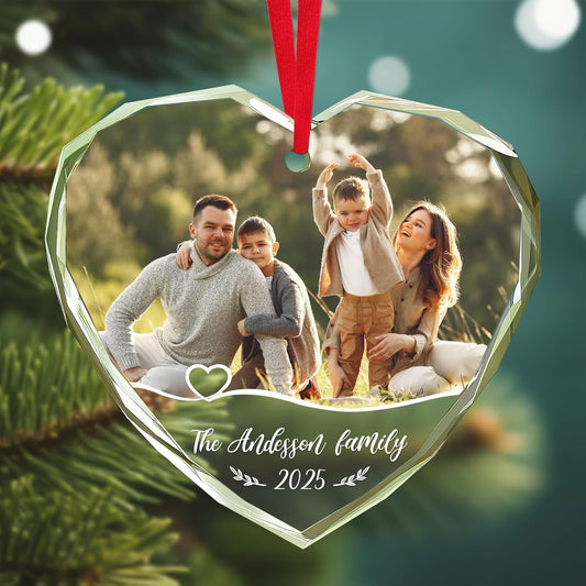 Personalized Christmas Ornaments 2025 with Photo & Text - Customized Crystal Glass Christmas Tree Decor Gifts for Family, Couples, Pets, Baby’s First Xmas – 6 Heart/Round Designs