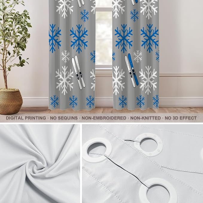 Shrahala Snowflakes Skis Thermal Insulated Blackout Window Curtains, Winter Sports Themed Pattern Long Drapes for Bedroom/Living Room with Plastic Grommet, 52X84 Set of 2