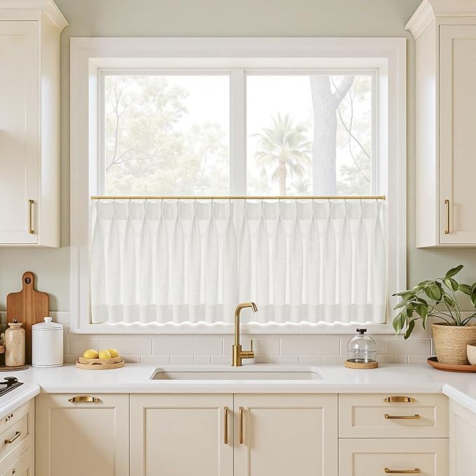 TWOPAGES 26" W x 30" L Linen Blend Cafe Curtains for Kitchen Window, Light Filtering Pinch Pleated Tier Curtains, Modern Farmhouse Half Window Curtains for Small Window, Ivory White, 2 Panels