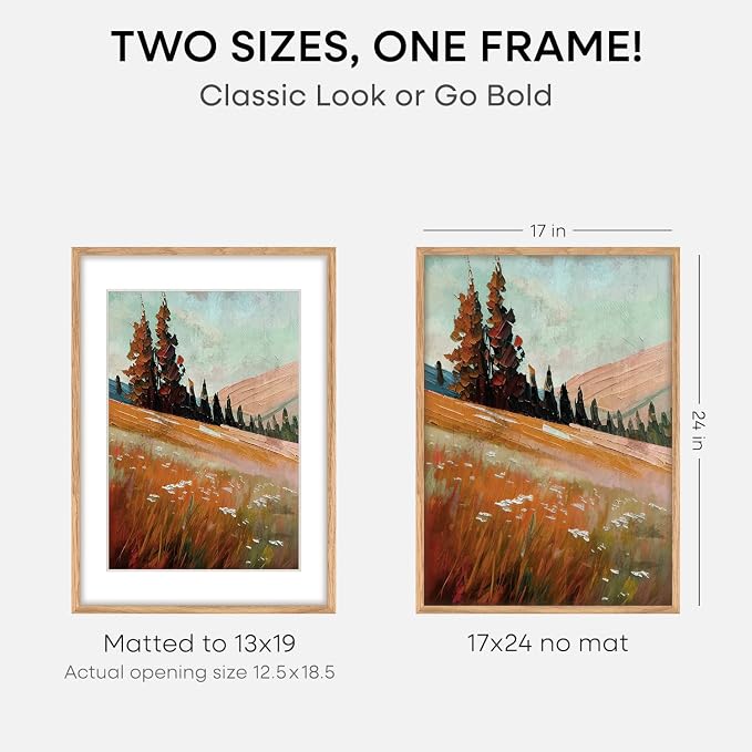 Homeforia 17x24 Picture Frame Natural Wood, High End Oak 17x24 Light Wooden Poster Frame with Mat 13x19, 17 x 24 Frames Matted to 13 x 19 Photo, 24x17 Hanging Frame, Tempered Glass, Wall Kit, Set of 3