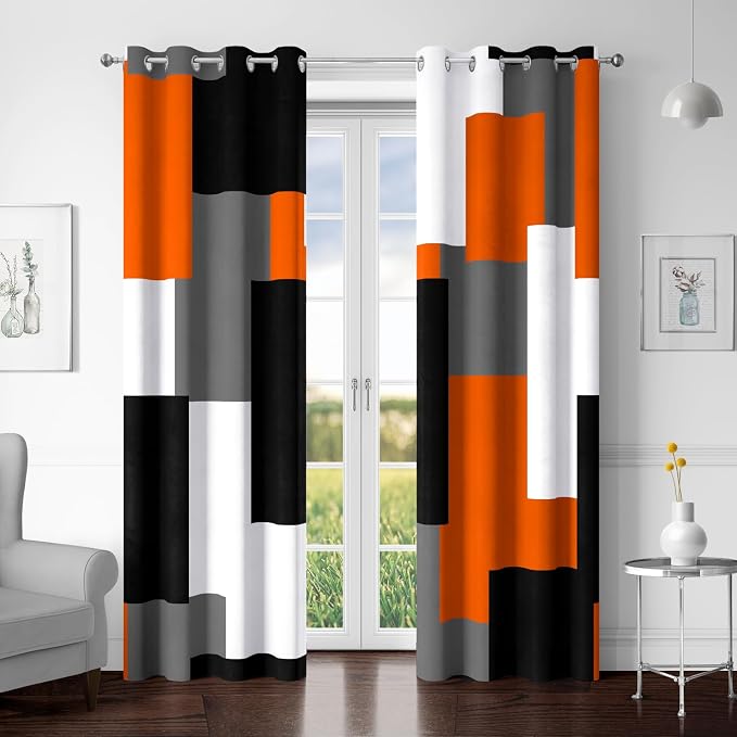 Tyrot Orange 100% Blackout Curtains for Bedroom 72 inch Length 2 Panels Set White Grey Modern Abstract Geometric Black Out Curtains Insulated Room Darkening Window Drapes for Living Room, 52Wx72L
