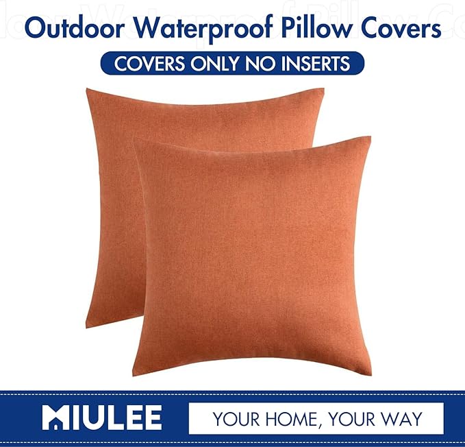 MIULEE Pack of 2 Decorative Outdoor Solid Waterproof Throw Pillow Covers Euro Sham Faux Linen Garden Farmhouse Cushion Cases for Summer Patio Tent Balcony Couch Sofa 26x26 Inch Orange