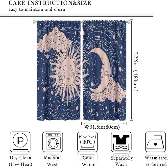 Sun Moon Blackout Windows Curtains, Boho Celestial Bodies Gold Sun Moon and Stars Pattern Window Drapes, for Living Room Bedroom 63x72in 2 Panels