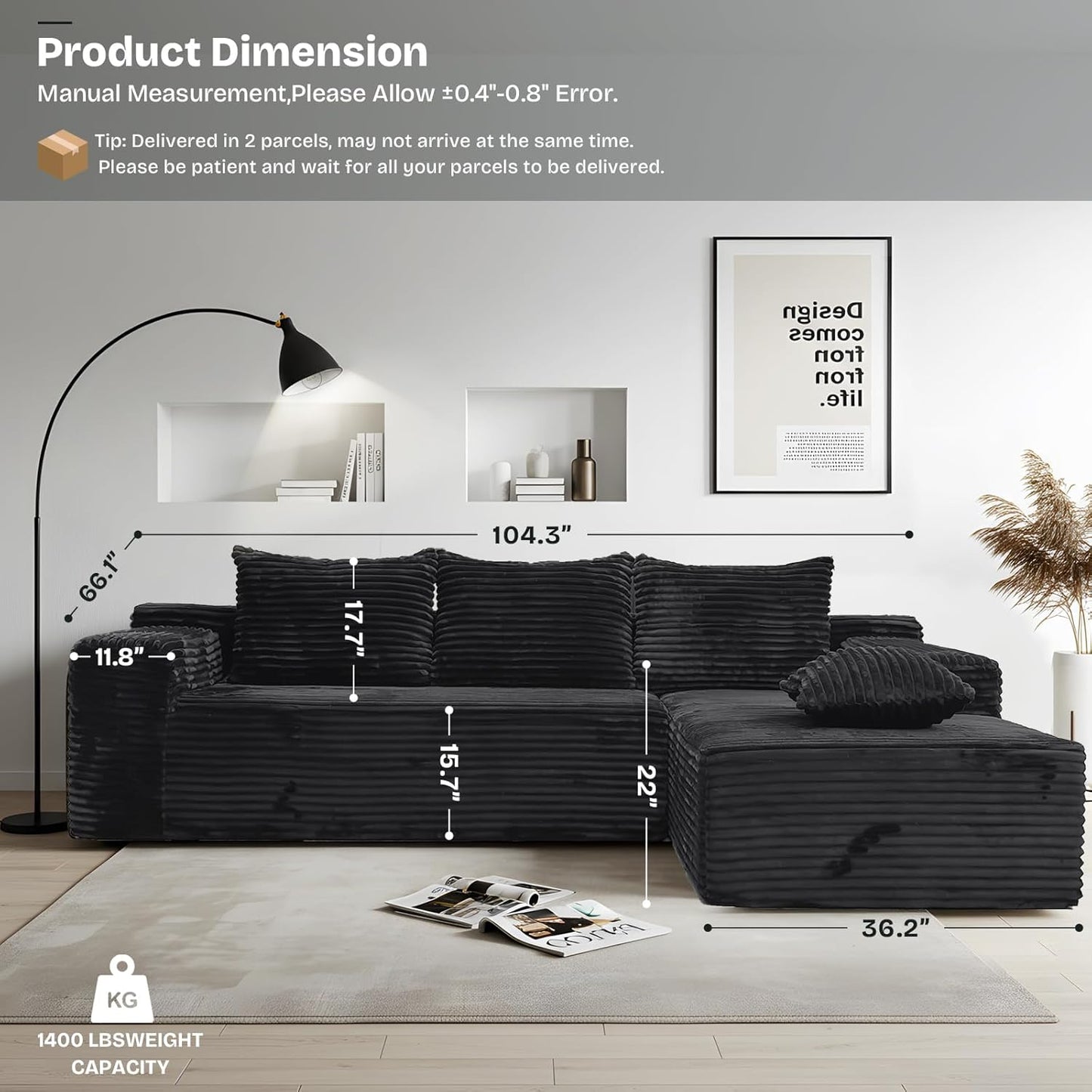 104" Modern Modular L-Shape Sofa Couch with Chaise Black Faux Rabbit Fur Cloud Sectional Couch with Deep Seat Modular Sectional Sofa No Assembly Required Upholstered Couches for Living Room Bedroom