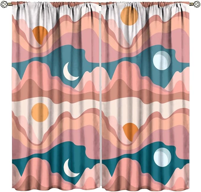 Sun Moon Blackout Curtains, Bohemian Desert Mountains Sun Moon Abstract Modern Mid Century Window Drapes, for Bedroom Living Room 63" W X 72" L