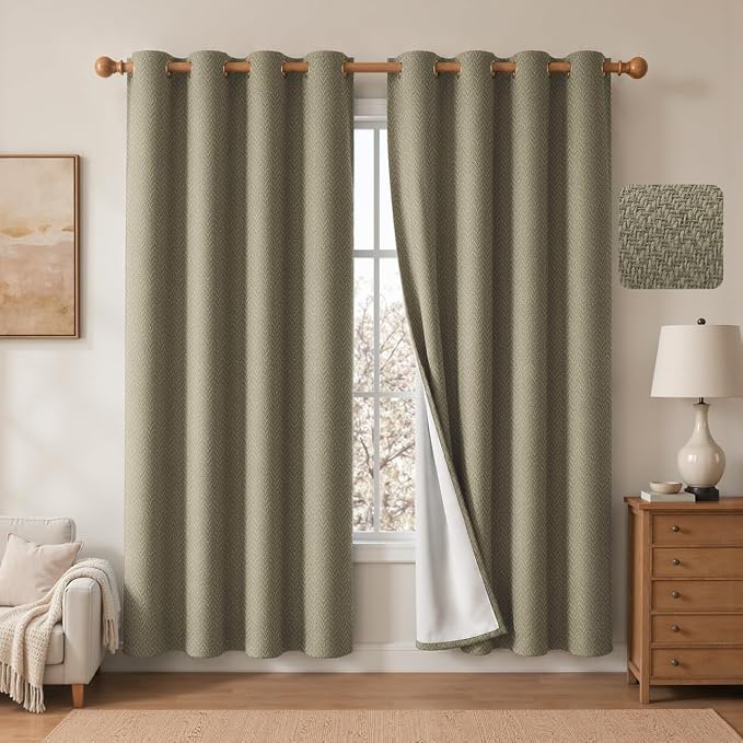 2 Panels 100% Blackout Linen-Textured Curtains, Thick Thermal Insulated Grommet Drapes with Subtle Herringbone Weave, Luxury Decor for Bedroom/Living Room, 54 x 72 Inches, Taupe