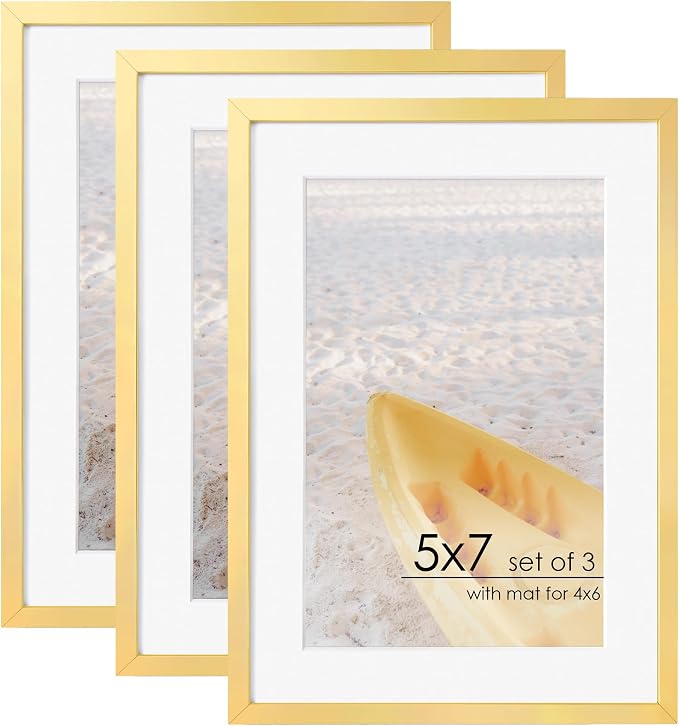 FLYJOE 5x7 Gold Picture Frame | Metal 5x7 Frame With Mat For 4x6 | 5 x 7 Aluminum Photo Frame | Plexiglass And Hanging Hardware Included | 5 By 7 Picture Frame | 3Pcs, Gold
