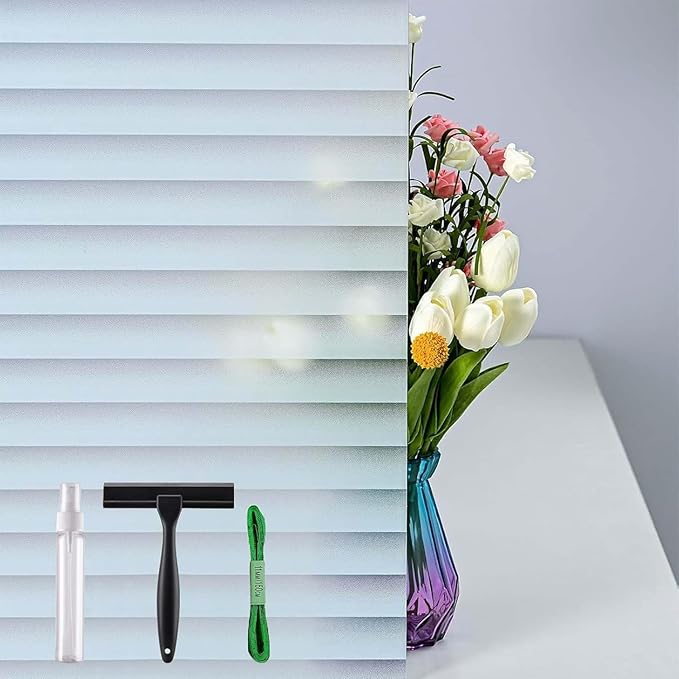 DERZGAO Window Privacy Film with Installation Tools, Blinds Pattern, Static Cling, Anti UV, Heat Control, Ideal for Home Shower Office Glass Door (Blinds Pattern, 29.6X157.4Inch)
