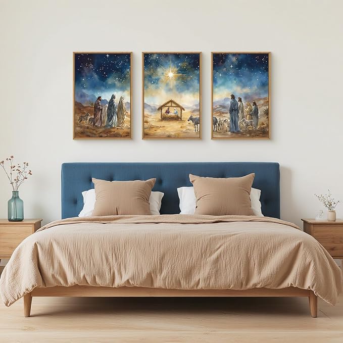 LHIUEM Large Bible Christian Religious Framed Canvas Wall Art Set,Birth of Jesus Nativity Wall Decor,Christmas Mary and Joseph Artwork for Living Room,Bedroom,Dining Room,Office -24"x36"x3