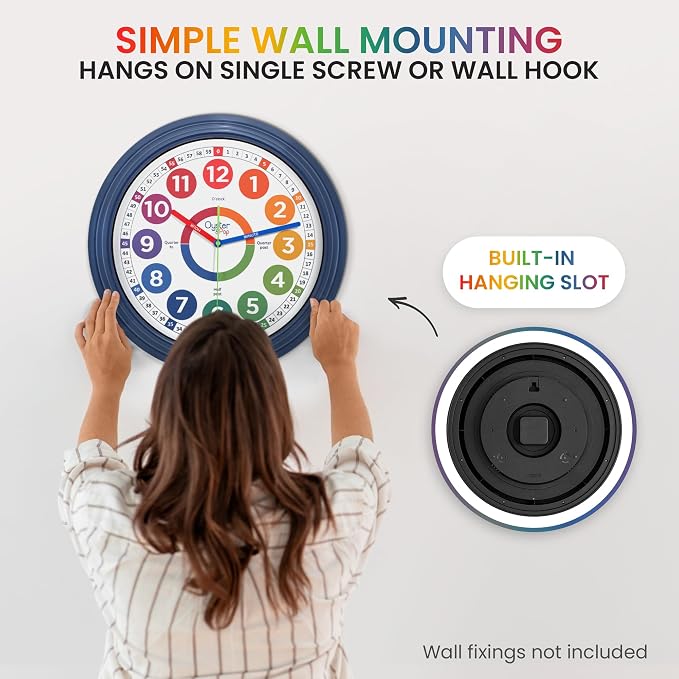 Oyster&Pop Extra Large 16" Kids Clock - Silent Indoor Outdoor Weatherproof Analog Wall Clock - Learning Clock for Kids - Classrooms Homeschool & Patio - Includes How to Tell Time eBook