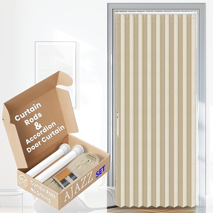 AJAZZ Set: Curtain Rods No Drilling (38-53" W Adjustable Range) & Accordion Door Curtain, Cream White 53W×78" L, Accordion Doors for Closet Doorway Room Divider