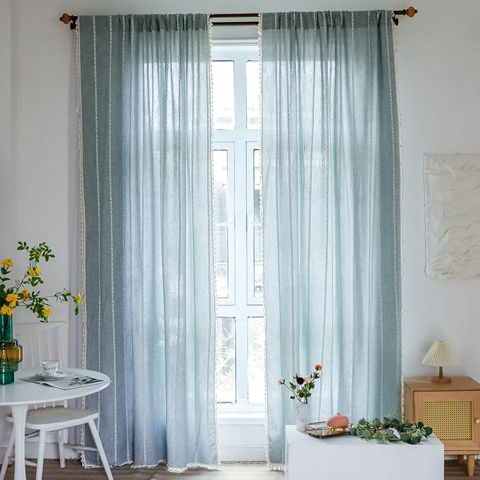 OYX Boho Curtains 63 Inch Length, Cotton Linen Semi Blackout Window Curtains with Tassels for Bedroom, Taupe Stripes Embroidery Bohemian Retro Drapes, Farmhouse Window Treatment 2 Panel, 52Wx63L