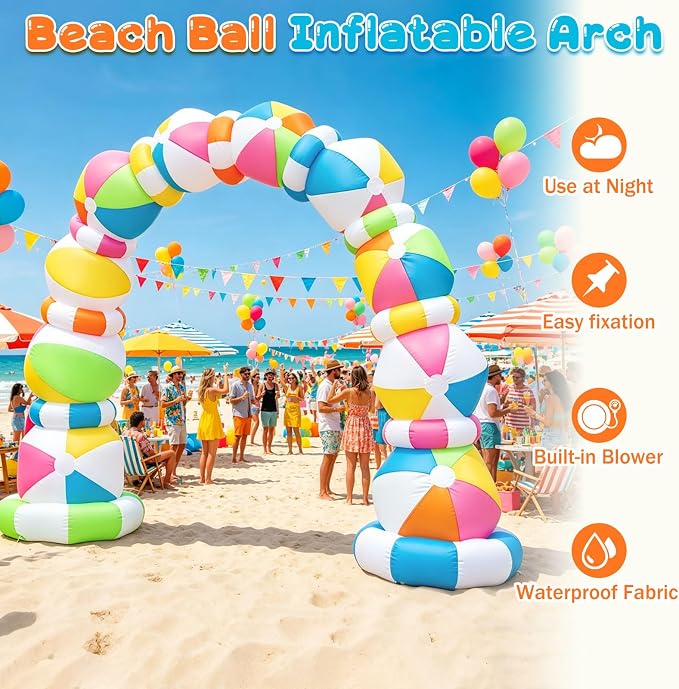 8 FT Inflatable Beach Ball Arch, Summer Inflatable Outdoor Decorations, Blow Up Beach Ball Archway with Built-in 8 LED Lights for Pool Beach Luau Party Yard Garden Photos Backdrop