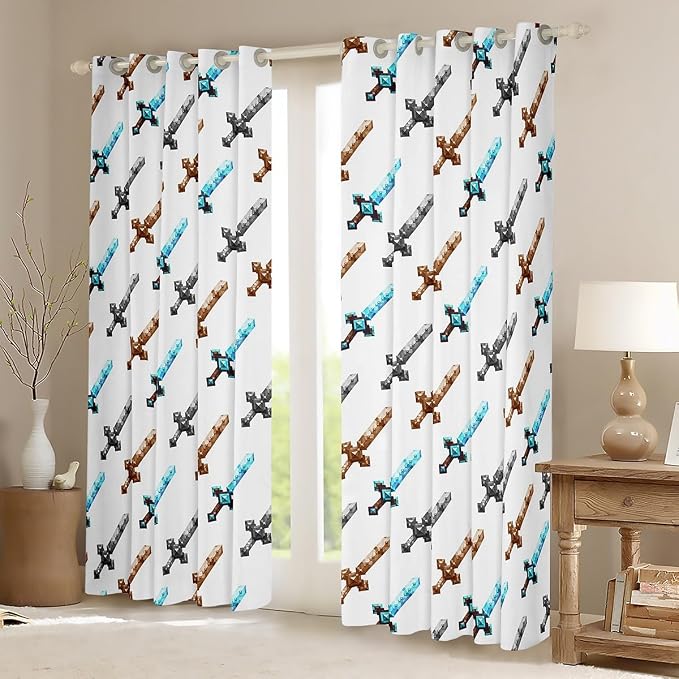 Castle Fairy Cartoon Sword Window Curtain,Pixelated Themed Swords Bedroom Decor Curtains,Boys Teens Miner Video Games Window Treatment Black White Checkered Blackout Drapes 2 Panels,52Wx96L