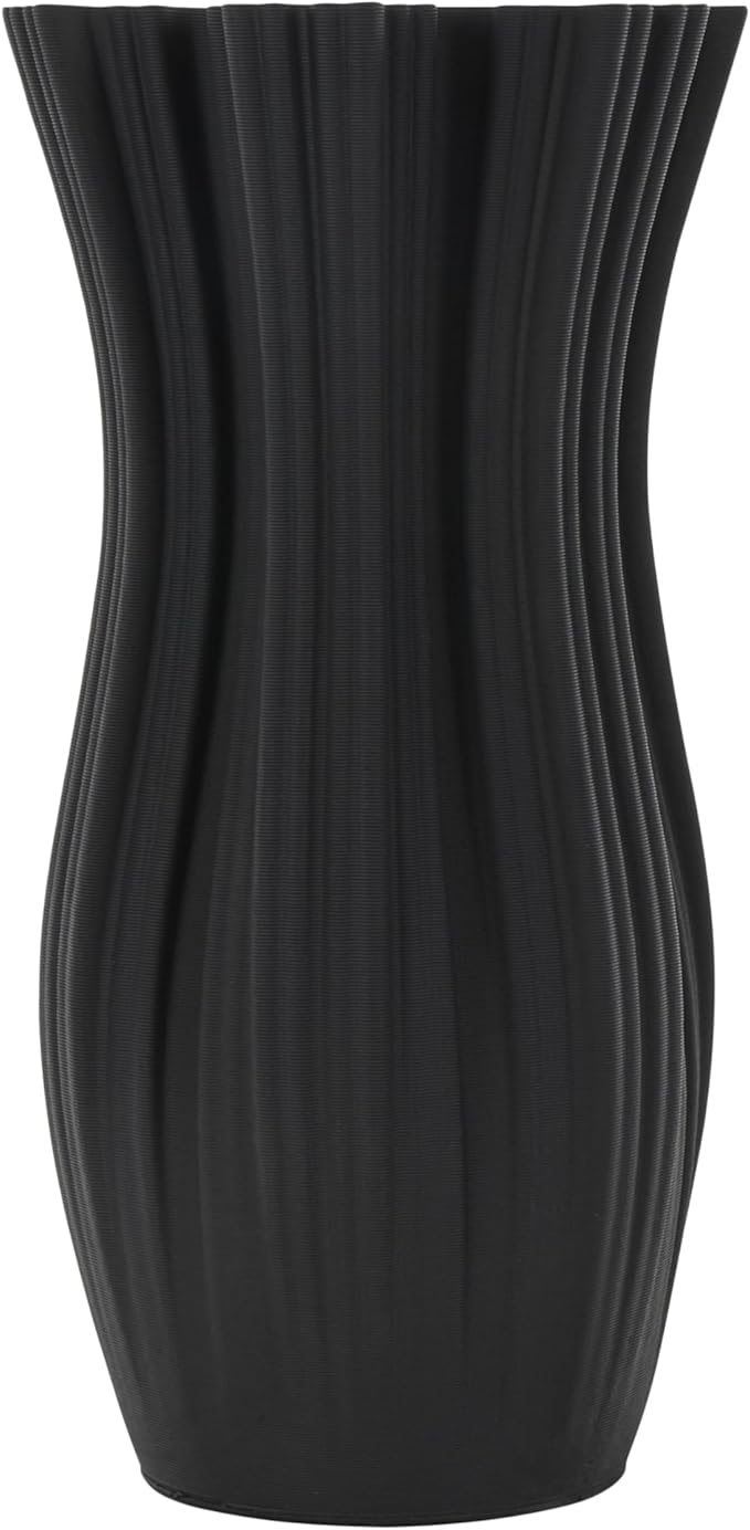 Deco 79 Ceramic Abstract Decorative Vase Ribbed Tulip Inspired Centerpiece Vase with Floral Shaped Rim, Flower Vase for Home Decoration 7" x 7" x 14", Black