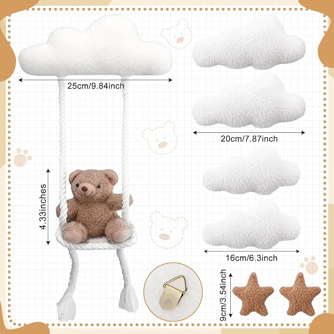 Chumia 7 Pcs Teddy Bear Nursery Wall Decor Swing Teddy Bear Nursery Wall Art with Clouds Star Soft Plush Baby Room Decor Gender Neutral for Bedroom Playroom Decoration