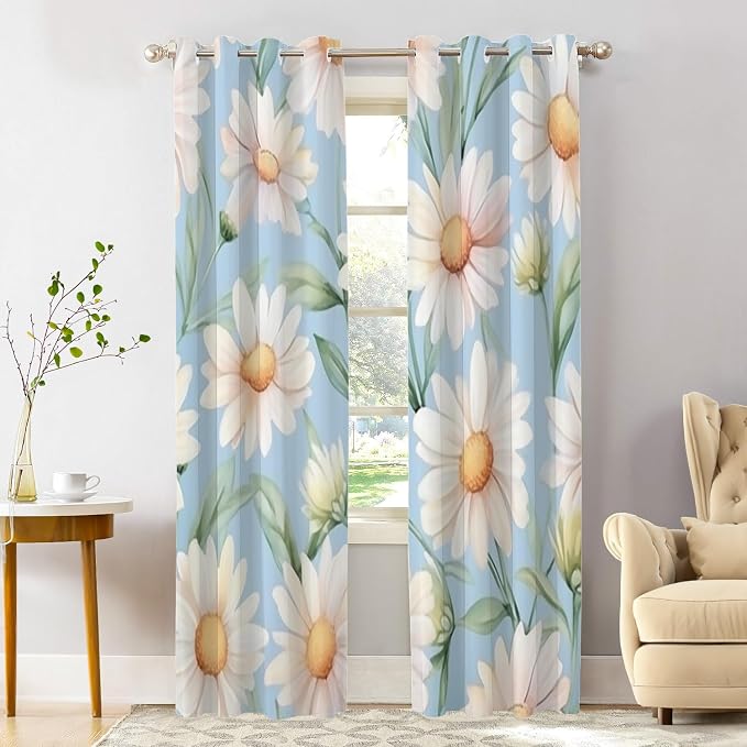 Shrahala Daisies Leaves Thermal Insulated Blackout Window Curtains, White Daisies On Blue Long Drapes for Bedroom/Living Room with Plastic Grommet, 52X84 Set of 2