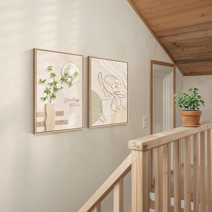 Framed Neutral Boho Wall Art for Bedroom, Set of 2 Beige Line Woman and Botanical Artwork for Living Room Walls, Mid Century Modern Bohemian Canvas Prints for Hallway Office Wall Decor, 20x30 Inch