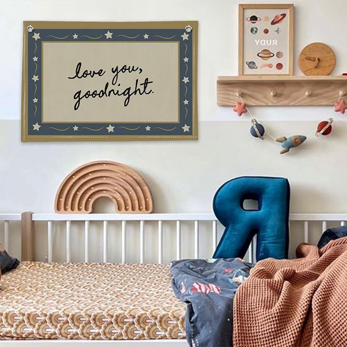 RTXLEZM Boys Girls Room Decor,Love You Goodnight Kids Toddler Nursery Room Canvas Banner Wall Hanging,Retro Navy Blue Neutral Nursery Wall Art Prints for Boys Girls Bedroom Playroom Decor,20x30 Inch