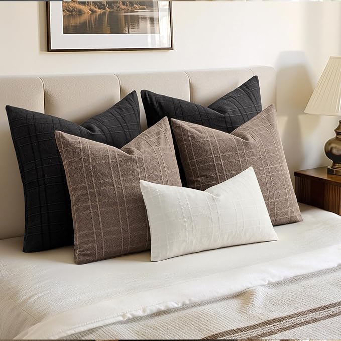 MIULEE Decorative Linen Check Throw Pillow Covers Neutral Farmhouse Vintage Pillow Covers 18x18 Set of 2 Boho Modern Home Decor for Sofa Couch Bedroom Cushion Black