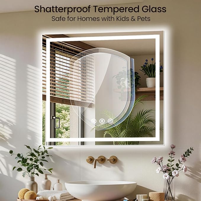 48X48 LED Bathroom Mirror with Lights, Anti-Fog, Backlit + Front Lit (CRI>90), Lighted Bathroom Vanity Mirror for Wall, Memory Function, Dimmable, Tempered Glass, Shatter-Proof