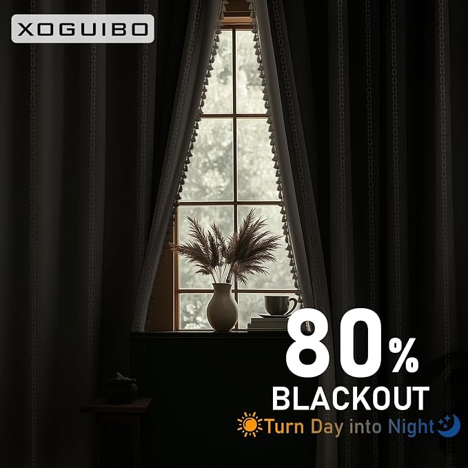 Boho 80% Blackout Curtains with Gray Liner 63 Inches Long 2 Panels Set, Beige Linen Blend Drapes with Tassels and Cotton Embroidered for Living Room Bedroom