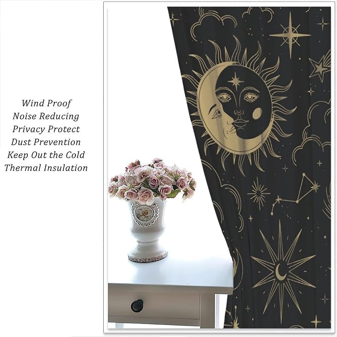 Sun Moon Blackout Curtains, Bohemian Art Theme Sky Sun Moon Gold Print Rod Pocket Window Treatment Drapes for Bedroom Living Room 72" W X 63" L