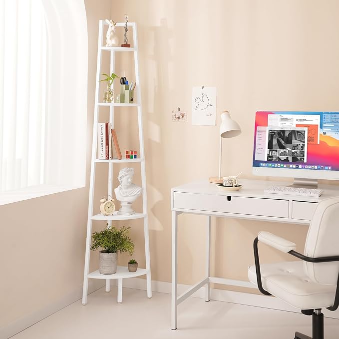 Yoobure 5‑Tier Corner Shelf – Sturdy Metal Frame & Wood Ladder Bookshelf, Space‑Saving Display Shelves for Plants & Books, Easy Assembly, for Bedroom, Living Room, Office, Balcony