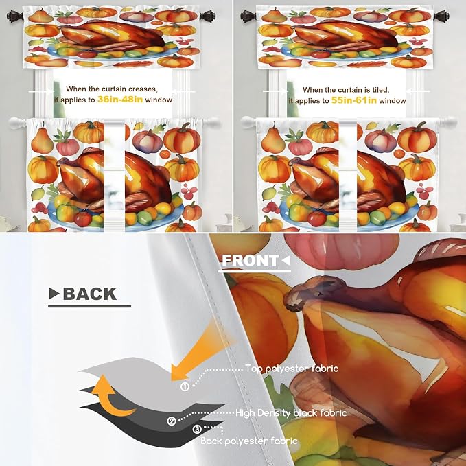 Shrahala Turkey Pumpkin Thanksgiving Blackout Curtain Tiers, Watercolor Fruits Delicious Food Pears Kitchen Valance Light Blocking Tier Drapes with Rod Pocket, 2 Pack 26 X 36 in