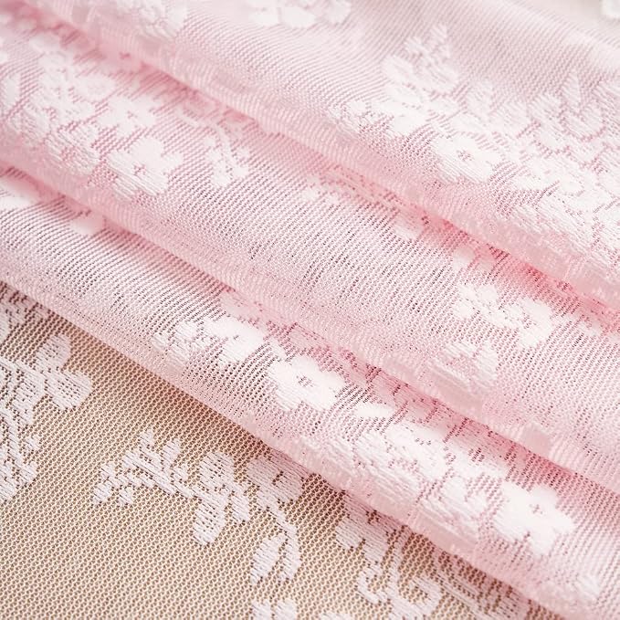 YJ YANJUN Vintage Lace Curtains 63 Inches Length- Cute Sheer Pink Curtains for Girls Bedroom Light Pink Floral Short Window Drapes Princess Girls Room Coquette Decor 2 Panels 52 x63 Inch
