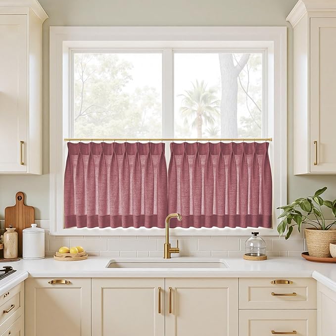 TWOPAGES 34" W x 30" L Linen Blend Cafe Curtains for Kitchen Window, Light Filtering Pinch Pleated Tier Curtains, Modern Farmhouse Half Window Curtains for Small Window, Red Wine, 2 Panels