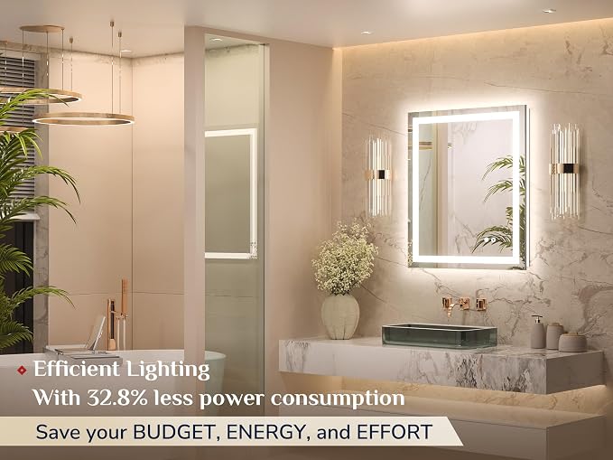 Keonjinn 24 x 30 Inch Bathroom Mirror with Lights, LED Vanity Mirror with Frontlit & Backlit, Stepless Dimmable 3-Color Temperature, Lighted Mirror with Anti-Fog, Tempered Glass(Horizontal/Vertical)