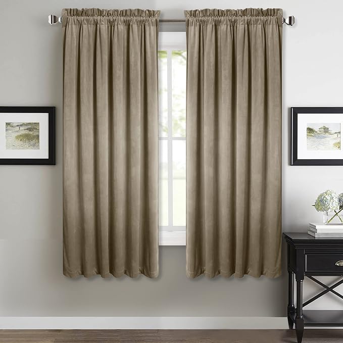 StangH Velvet Curtains 63 inch Length - Luxury Short Kitchen Curtains Room Darkening Heat Blocking Window Curtain Panels for Short Window/French Door, Camel Beige, W52 x L63, 2 Panels