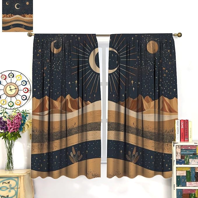 Sun Moon Blackout Curtains, Abstract Mid Century Desert Mountains Sun Moon Boho Landscape Window Drapes, for Bedroom Living Room 42" W X 63" L
