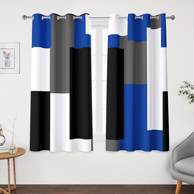 Tyrot Blue Gray 100% Blackout Curtains 45 inch Length 2 Panels Set White Grey Modern Abstract Geometric Drapes for Kitchen Black Out Curtains Insulated Room Darkening Small Window Curtains, 52Wx45L