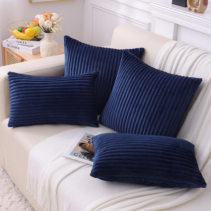 Simmore Decorative Fall Throw Pillow Covers 18x18 Set of 2, Soft Natural Plush Flannel Double-Sided Fluffy Couch Pillow Covers for Sofa Living Room, Navy Blue